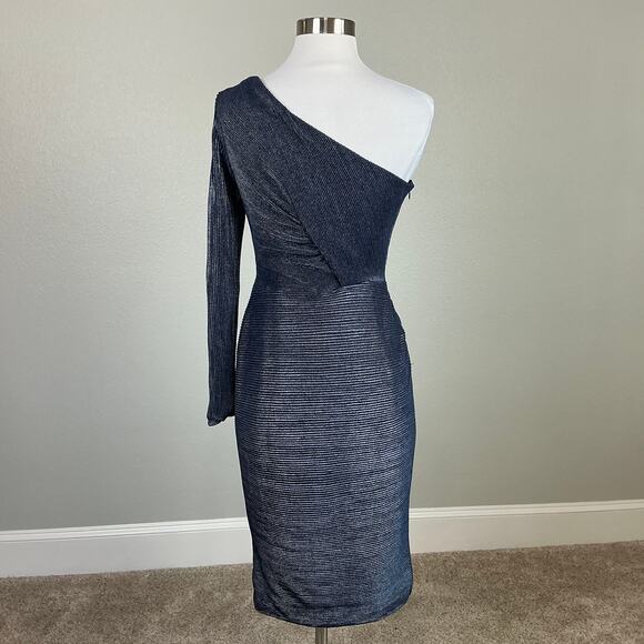 Betsy & Adam Metallic One Shoulder Midi Sheath Cocktail Party Dress Blue Size 6 - Picture 6 of 11